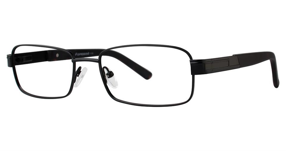 A pair of rectangular, black metal-framed Vivid Expressions 1116 eyeglasses with adjustable nose pads and straight temple arms. The sophisticated design is simple and modern, suited for everyday wear.