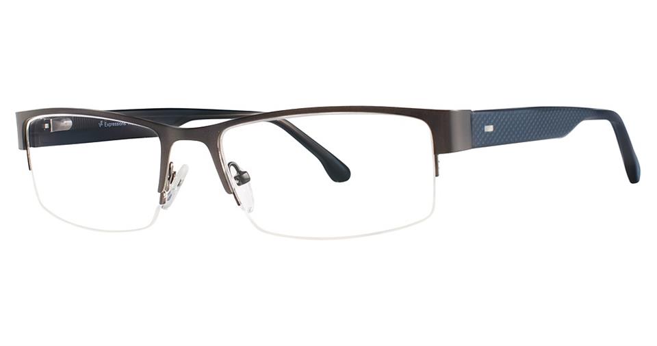 The Vivid Expressions 1120 eyeglasses feature a semi-rimless design with a blue and silver frame crafted from high-quality metal.