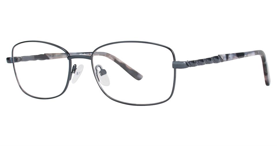 A pair of Vivid Expressions 1121 eyeglasses with sleek, thin, durable metal rectangular frames and dark gray arms featuring a marbled design. The transparent nose pads and the spring hinge design add to their modern appeal.