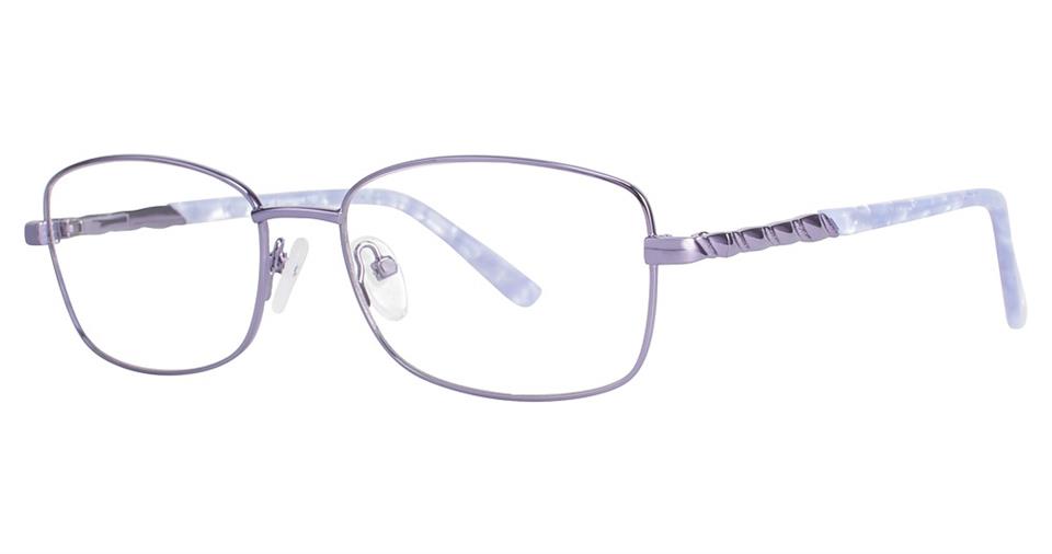 The Vivid Expressions 1121 eyeglasses boast rectangular lenses and slim, durable metal frames in a light purple hue. The marbled purple temples feature a decorative twisted design, while the adjustable clear nose pads ensure a comfortable fit. Plus, their spring hinge design adds an extra layer of durability and flexibility.