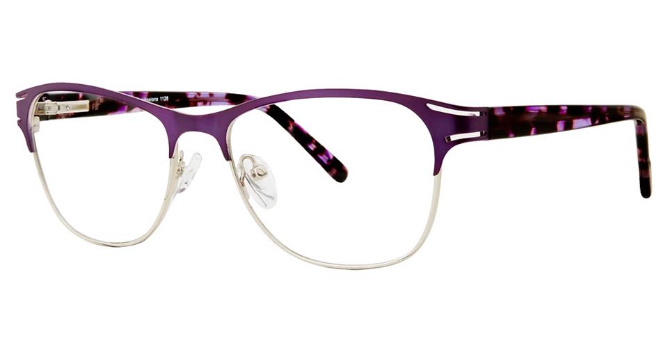A purple and silver Expressions 1126 eyeglasses from Vivid featuring high-quality metal frames with a spring hinge straight design.