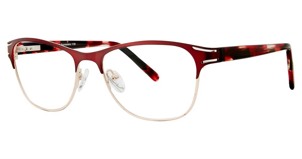 A pair of Vivid Expressions 1126 eyeglasses featuring high-quality red and gold metal frames with a sleek, straight design and durable spring hinges.