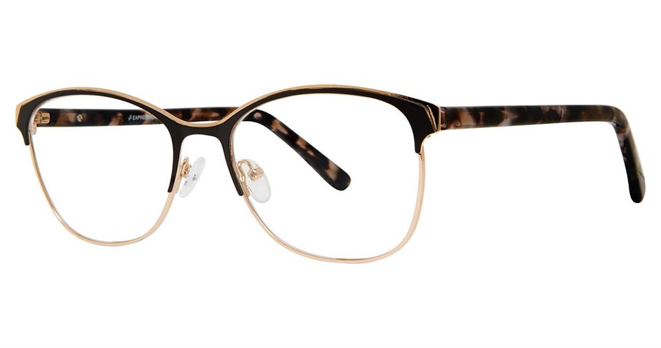 The Vivid Expressions 1128 eyeglasses boast a modern design with a thin, gold durable metal frame and black-tortoiseshell patterned temples. Featuring adjustable nose pads for comfort and clear, non-prescription lenses, these glasses are both stylish and sleek.