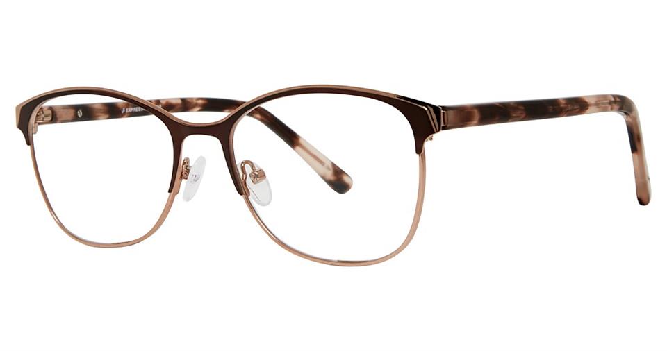 The Vivid Expressions 1128 eyeglasses feature a modern design with brown hues and durable metal construction.