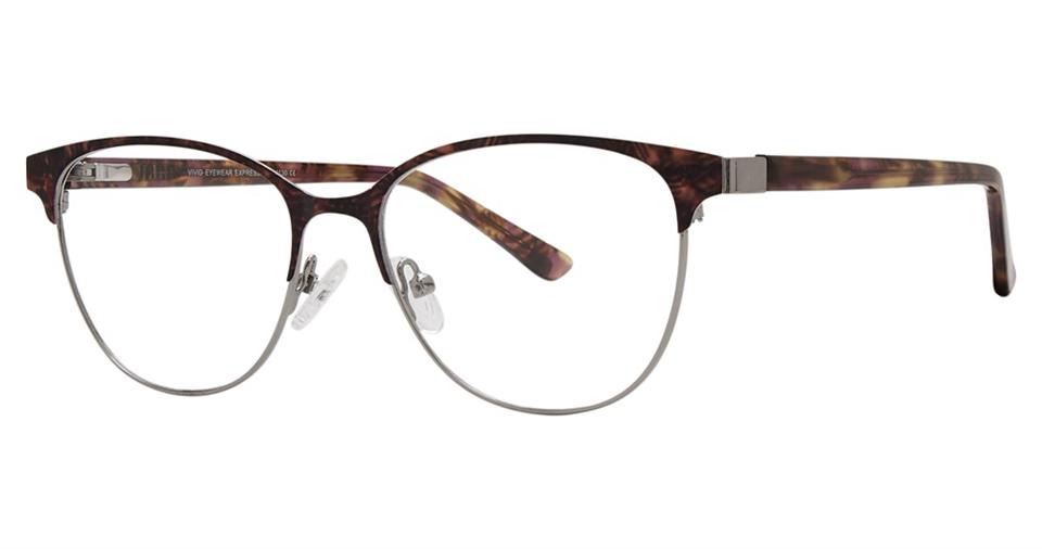 A pair of Vivid Expressions 1130 eyeglasses with a semi-rimless design. The upper part of the frame sports a brown tortoiseshell pattern, while the lower part is rimless. The temples are metallic and slender, featuring a subtle hinge design. The nose pads are clear and adjustable for comfort.