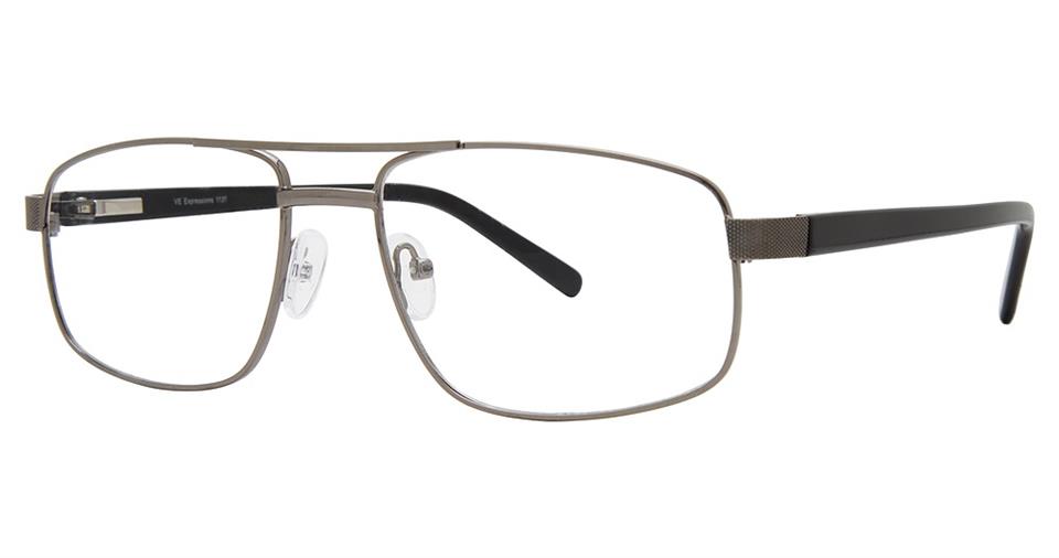 A pair of Vivid Expressions 1131 eyeglasses with rectangular, durable metal frames, a thin silver bridge, and black temple arms. The glasses feature adjustable nose pads, a spring hinge design, and a simple, minimalist aesthetic.