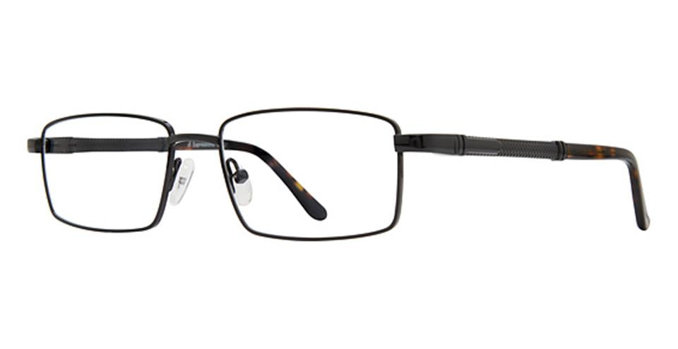 A pair of Vivid Expressions 1132 eyeglasses with durable metal frames and adjustable nose pads is displayed against a white background. The rectangular, black-rimmed design features temples adorned with a textured pattern, ending in a dark translucent brown finish.