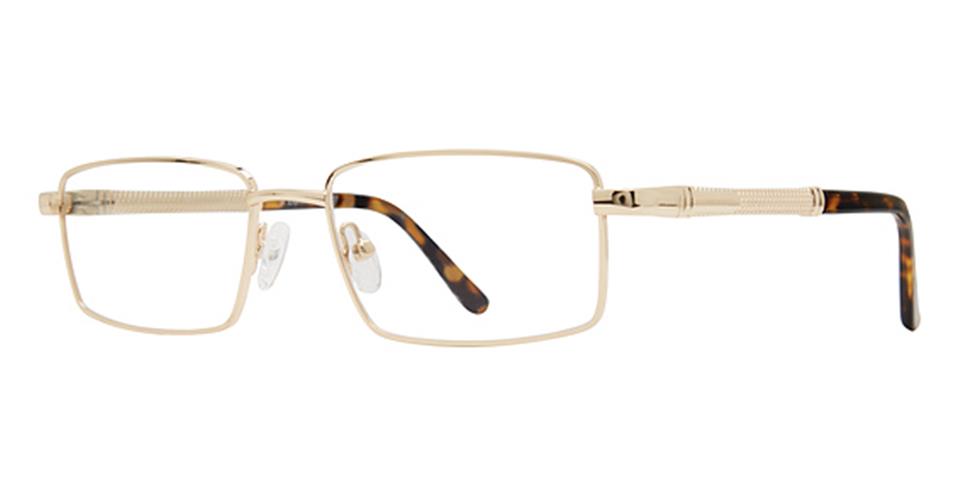 A pair of gold-rimmed rectangular Vivid Expressions 1132 eyeglasses with thin, full metal frames and clear nose pads. The durable metal frames feature textured temples with a gold finish at the front and a brown tortoiseshell pattern towards the back. These are bestselling frames for a reason!