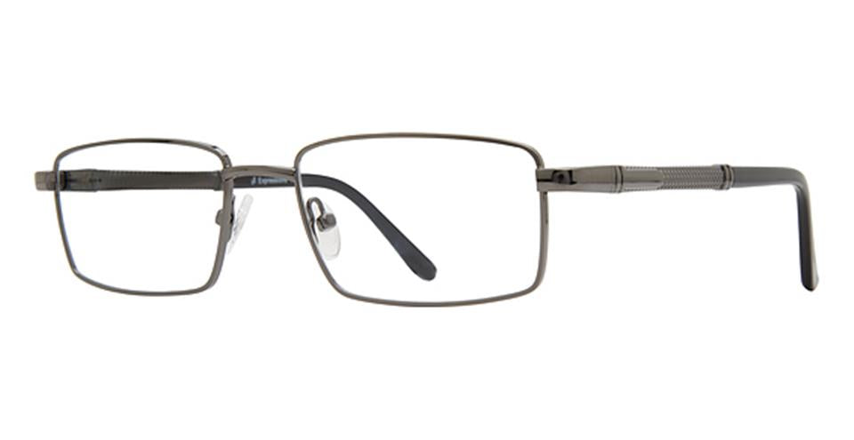 A pair of Vivid Expressions 1132 eyeglasses featuring rectangular, rimmed lenses with a thin, durable metal frame. The temples have a ribbed texture near the hinges and smooth earpieces. The bridge includes adjustable nose pads. The frame boasts a sleek metallic gray color.