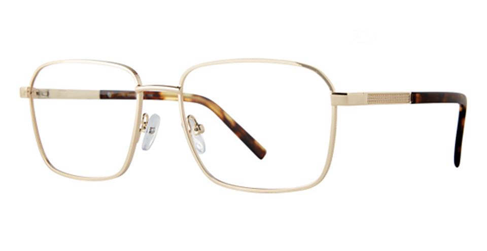 A pair of Vivid Expressions 1135 eyeglasses with a rectangular shape and durable metal frames. The temples are gold-toned near the lenses and transition to a brown tortoiseshell pattern towards the end. The nose pads are adjustable, ensuring comfort.