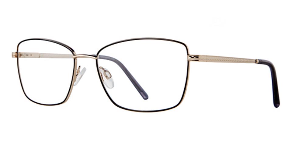 A pair of Vivid Expressions 1136 eyeglasses featuring a sleek, modern design with rectangular lenses and durable metal frames in a thin, gold-colored finish. The clear nose pads ensure comfort, while the black temple tips and subtle horizontal detailing near the hinge add an elegant touch.