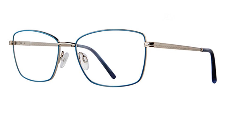 Introducing the Vivid Expressions 1136 eyeglasses: a pair of blue and silver glasses featuring durable metal frames and a spring hinge skull design.