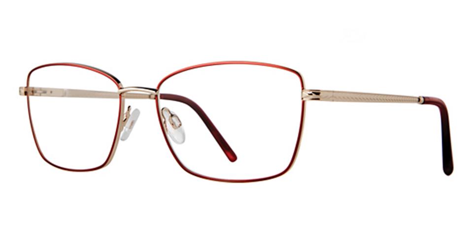 The Vivid Expressions 1136 eyeglasses feature rectangular lenses and a thin, red metallic frame. These glasses have adjustable nose pads and slim, straight arms that fade to a dark brown towards the tips. Crafted from durable metal frames with a subtle spring hinge skull design for added comfort.