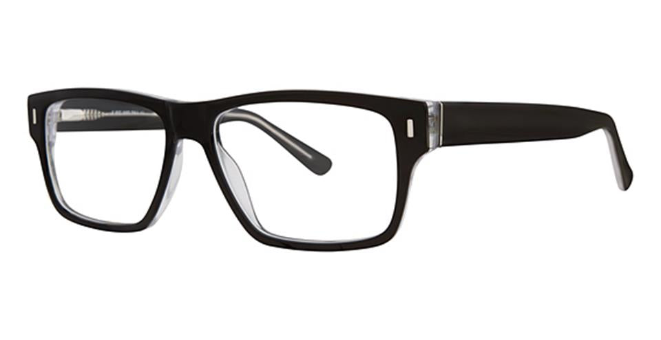 A pair of rectangular eyeglasses with a black frame offers a sophisticated look. These Big And Tall 13 glasses from Vivid have thicker rims around the lenses and feature clear plastic sections on the temples near the hinges. The earpieces are black, slightly curved for comfort, and crafted from durable plastic.