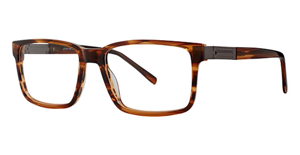 A pair of Vivid Big And Tall 14 rectangular tortoiseshell eyeglasses with a patterned brown and amber frame made from durable plastic material. The temples feature a subtle metal accent and 180 degree spring hinges, adding sophistication to the classic design. The clear-lensed glasses are pictured against a white background.