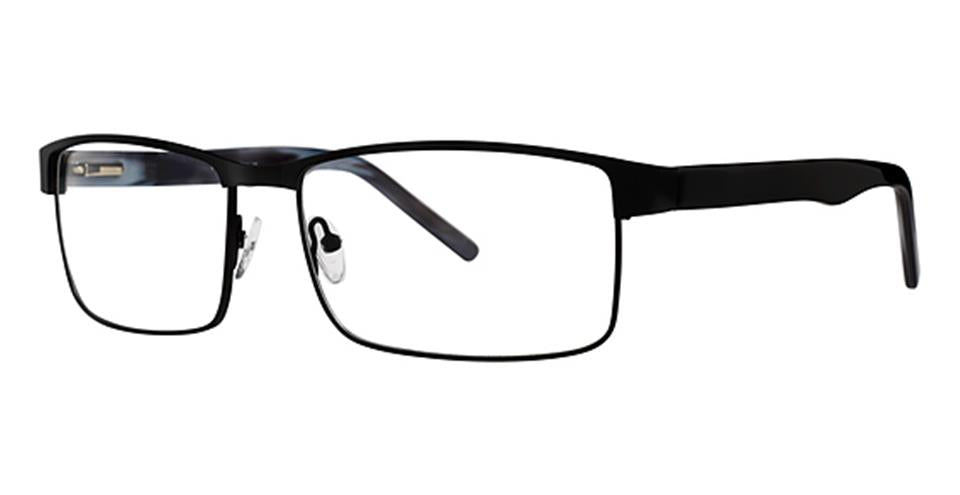 A pair of black rectangular eyeglasses with a durable metal frame. The Big And Tall 15 by Vivid glasses have adjustable nose pads and straight, solid arms. Designed for large head eyewear needs, the lenses are clear and the frame has a minimalist design, offering a sleek and modern look.