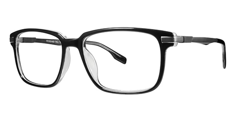 A pair of Vivid Big And Tall 18 rectangular black eyeglasses with a glossy finish and silver accents on the temples. The frames, designed to accommodate larger head sizes, have a sleek and modern design with clear lenses and a sturdy bridge.