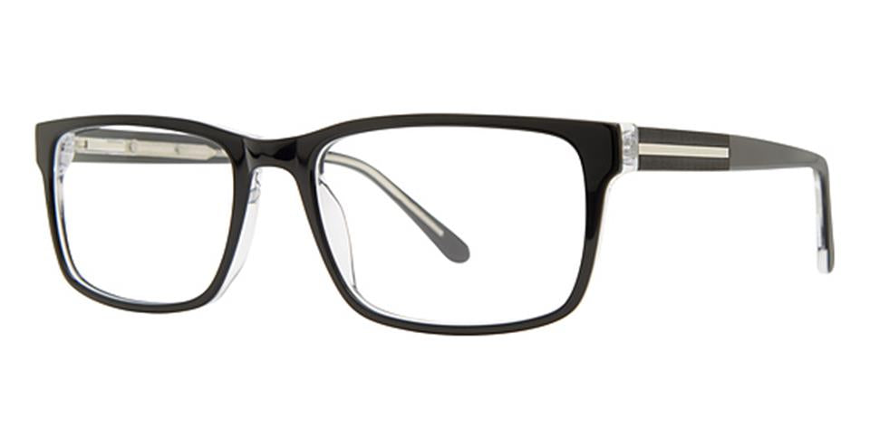 A pair of rectangular, black-rimmed Vivid Big And Tall 21 eyeglasses with clear lenses. The glasses feature metal accents on the hinges and have thin, straight arms made from durable plastic. With a modern and stylish design, they include spring hinge skulls for extra comfort, making them ideal for both casual and professional settings.