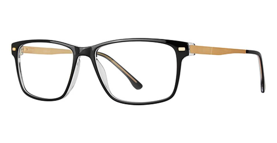 A pair of Vivid Big And Tall 22 eyeglasses with a black rectangular frame and gold-colored temples. Crafted from durable plastic, the arms have a ribbed texture with gold details near the hinges. The lenses are clear, and the modern yet sophisticated design is perfect for those seeking Big and Tall glasses.