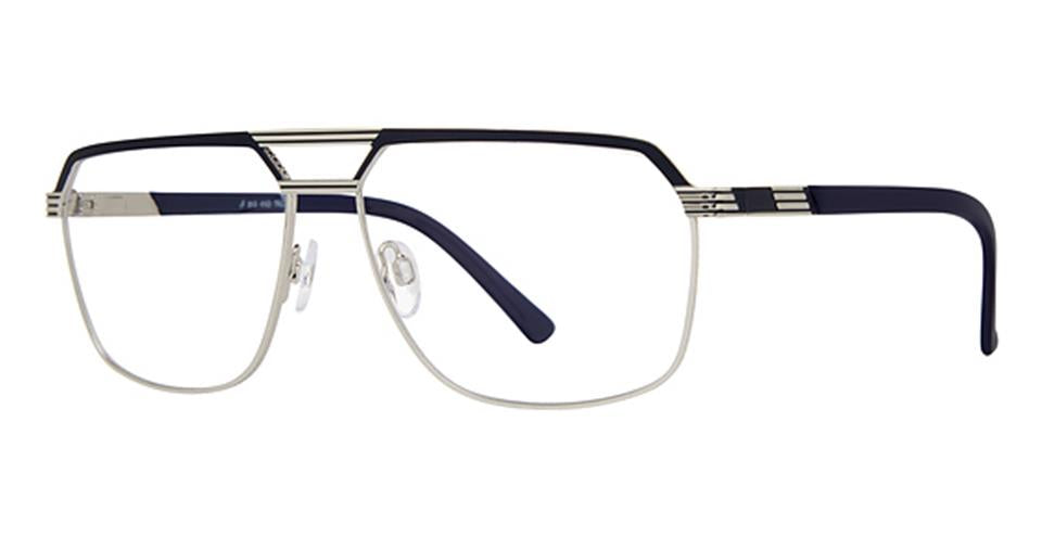 A pair of stylish and durable eyeglasses featuring a sleek metal frame with a combination of silver and dark navy blue. These Vivid Big And Tall 24 glasses have a prominent double bridge design, adjustable nose pads for comfort, and temples partially coated with dark navy blue material.