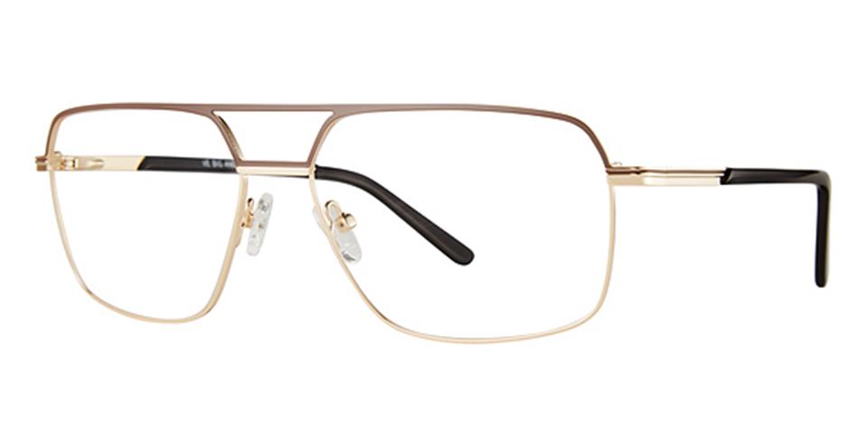 A pair of rectangular, gold-rimmed eyeglasses with black earpieces. The Vivid Big And Tall 25 glasses showcase a modern style with a double bridge and adjustable nose pads, crafted from durable metal.
