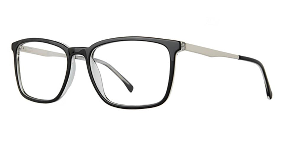 A pair of rectangular Vivid Big And Tall 27 glasses with a black frame and silver temples. The eyewear, ideal for larger head sizes, features clear lenses and a slightly thick frame around the lenses. The thin temples transition gracefully from black near the front to silver towards the ends.