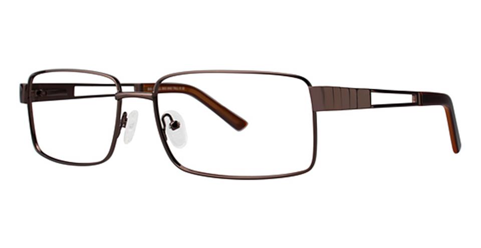 A pair of rectangular, rimmed eyeglasses with a dark durable metal frame. The design features a subtle, ridged pattern on the temples and adjustable nose pads. The straight spring hinges and slight curvature at the ends ensure a comfortable fit, perfect for Vivid Big And Tall 6 glasses wearers.