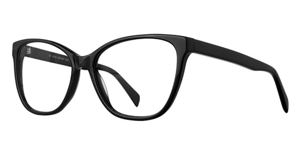 A pair of Vivid Grand 7501 eyeglasses with black, high-quality plastic frames and a sleek design, featuring slightly cat-eye shaped lenses. The glossy frame has thick arms that taper towards the ends. Stylish and comfortable, the glasses are positioned at an angle, displaying the full frame and side profile.