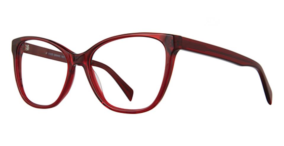 A pair of stylish and comfortable Vivid Grand 7501 eyeglasses in a striking red cat-eye shape. The glasses feature thick, glossy high-quality plastic frames and temples.