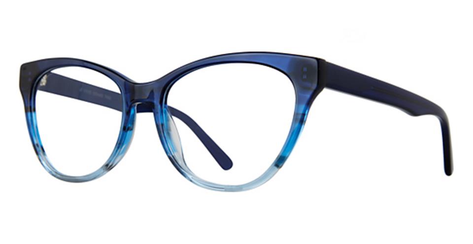 A pair of Vivid Grand 7502 eyeglasses with a cat-eye frame. The modern design features a gradient starting with dark blue at the top and transitioning to lighter blue towards the bottom. The temples are solid dark blue.