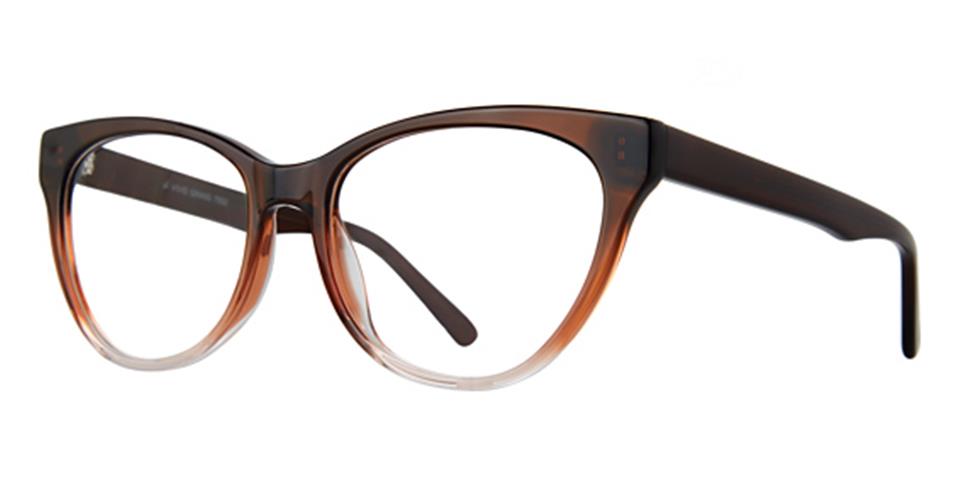 A pair of Vivid Grand 7502 eyeglasses with a dark brown, cat-eye frame. These glasses feature slightly rounded edges and a gradient effect on the frame, transitioning from dark brown at the top to lighter brown at the bottom. The arms are solid dark brown, showcasing a modern design with gradient color options.