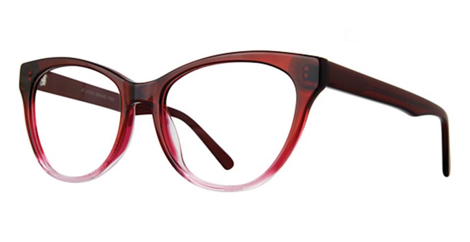 The Vivid Grand 7502 eyeglasses feature a pair of red cat-eye frames with a gradient effect, transitioning to a lighter shade towards the bottom. This modern design is stylish with pointed corners and clear lenses. The temples are solid red and sleek, enhancing the overall chic look.