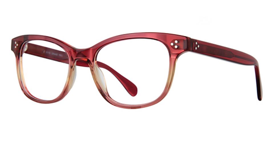 A pair of red cat-eye eyeglasses with a slight gradient toward the temples and smooth, high-quality plastic frames. The Vivid Grand 7503 eyeglasses feature small metallic accents at the hinges and extended arms for a comfortable fit.