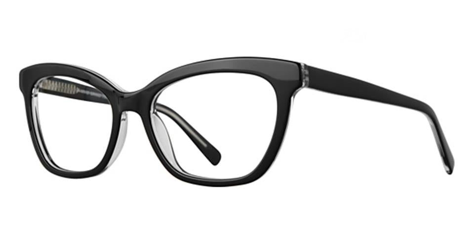 A pair of black cat-eye glasses with a glossy finish. The frames are thick and designed with a slight upward curve at the outer edges, giving them a classic cat-eye look. The arms of the Vivid Grand 7504 eyeglasses are also black and have a simple, sleek design for contemporary eyewear.