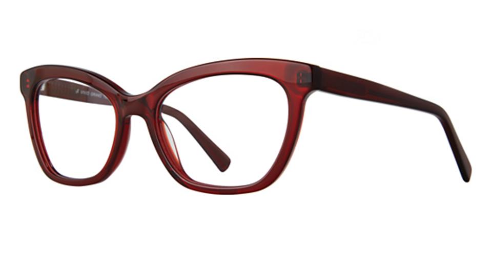 A pair of stylish, dark red cat-eye glasses with thick frames and clear lenses. The design features slightly pointed upper corners and sturdy temples. These contemporary eyewear pieces, the "Grand 7504" by Vivid, have a retro-inspired look, suitable for both fashion and everyday wear.