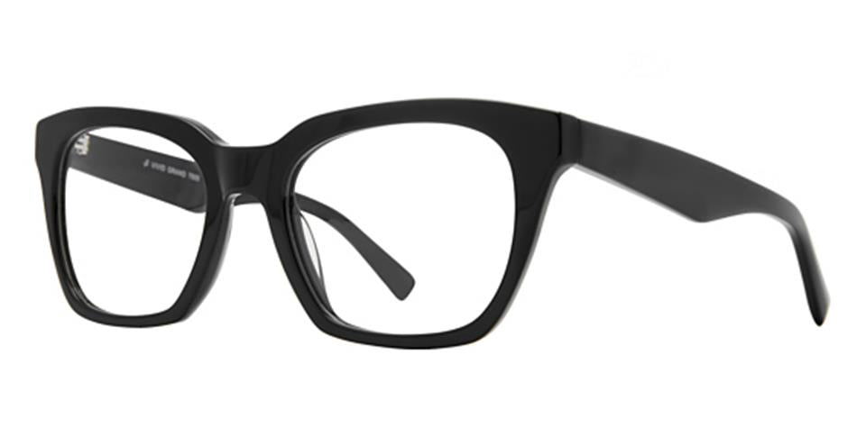 The Vivid Grand 7505 eyeglasses feature black, rectangular frames with clear lenses and slightly curved arms for a comfortable fit. Their modern design is minimalistic, and they are available in crystal color options to suit diverse styles.