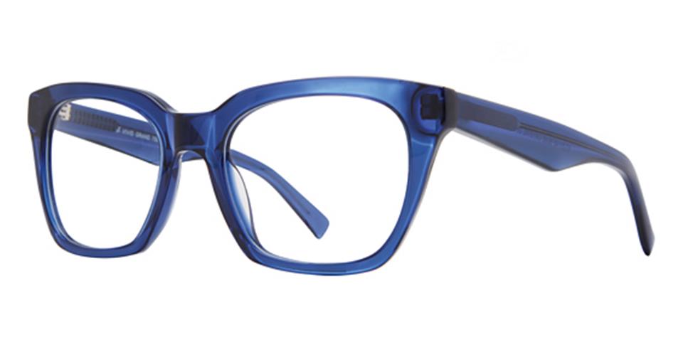 A pair of blue, rectangular-framed Vivid Grand 7505 eyeglasses with a slightly transparent finish. The modern design includes a solid bridge and sturdy temples, blending contemporary aesthetics with classic lines.