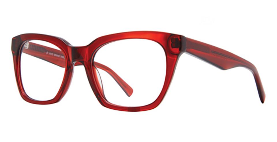 A pair of Vivid Grand 7505 eyeglasses with square frames and slightly thick, glossy arms. The design appears modern and stylish, with a vibrant, translucent red color throughout. The frames have a wide bridge and a hinge detail on each side, available in various crystal color options.