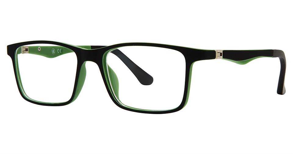 A pair of rectangular eyeglasses with a black exterior frame and green interior accents. The glasses, part of the versatile stylish collection Vivid Metro 48 eyewear, feature a full rim design and 180-degree spring hinges. The temples are black with green on the inner side, adding to their chic appeal.