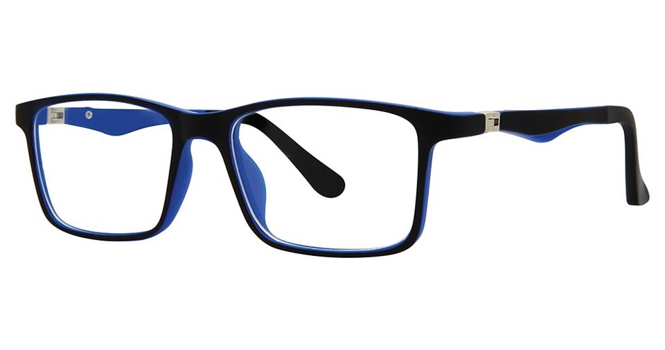 A pair of rectangular eyeglasses from the Vivid Metro 48 eyewear collection featuring a black exterior frame with blue inner lining. The glasses have a modern, sleek design with thick arms, a versatile style, and a 180-degree spring hinge accentuating each side.