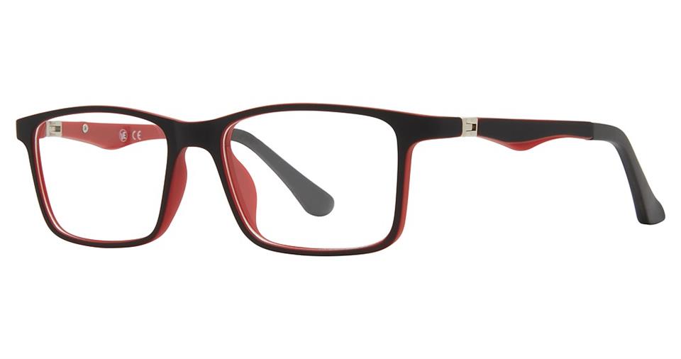 Introducing the Vivid Metro 48 eyewear: a pair of rectangular eyeglasses with black frames and red inner lining. These glasses feature a sleek, modern design with silver accents at the temples and matching black temples with a hint of red on the inner side, complete with a 180-degree spring hinge for added comfort.