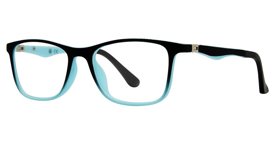A pair of eyeglasses with a rectangular frame, primarily black on the outside and light blue on the inside. The temples are black with light blue inner lining, and the hinges are metallic. The design is sleek and modern, embodying contemporary eyewear trends. Introducing the Metro 49 by Vivid.