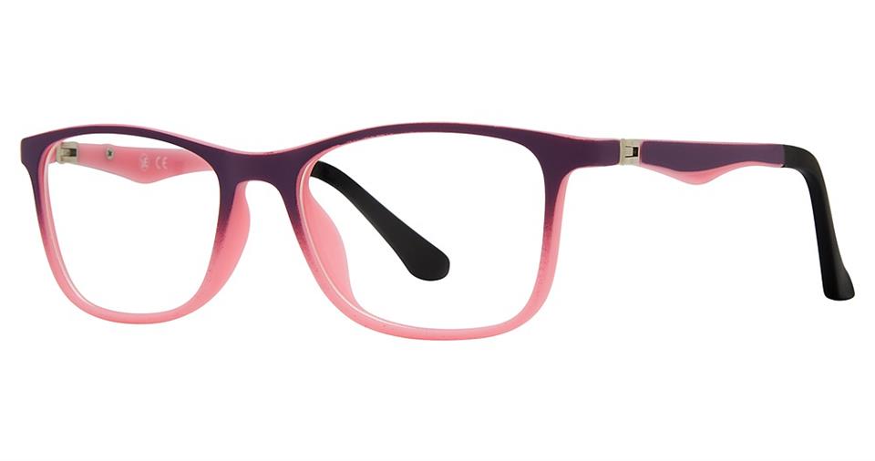 A pair of chic rectangular eyeglasses with a gradient frame that transitions from deep purple at the top to pink at the bottom. The temples are also purple at the front and transition to black towards the back. The inner side of the frame is entirely pink, making this Metro 49 by Vivid a contemporary eyewear choice.