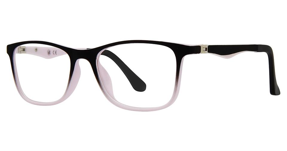 A pair of Vivid Metro 49 eyeglasses with black and white gradient rectangular lenses, embodying chic eyewear. The frames are predominantly black on the top half and fade to white on the bottom half, offering a contemporary look. The temples are black with a slight curve at the ends.