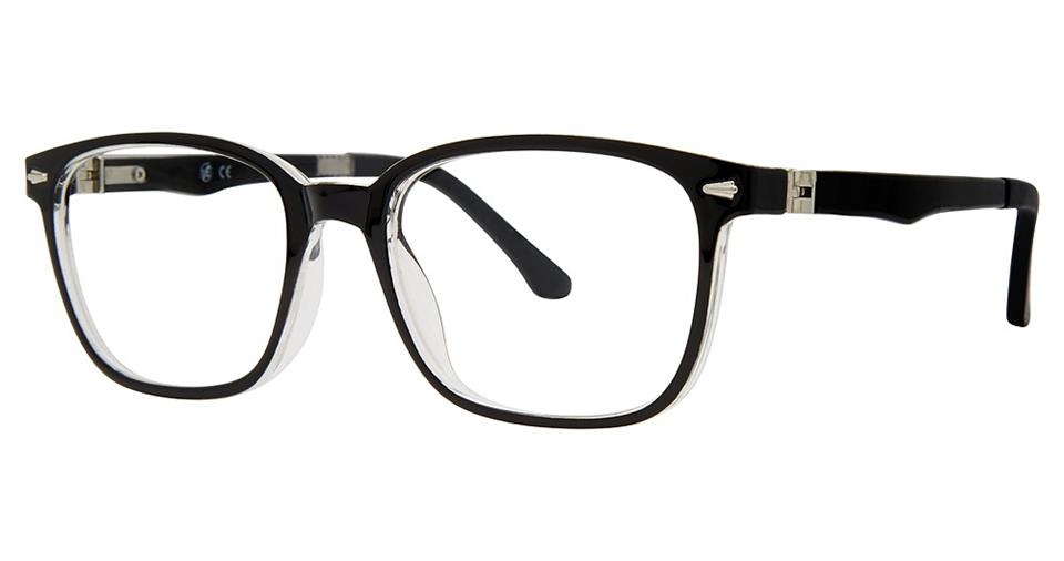 A pair of rectangular eyeglasses with black rims and clear lens. This modern eyewear boasts a sleek design, featuring durable plastic frames with metallic accents on the hinges and a subtle Vivid brand logo on the temples. The earpieces are straight and also black in color.