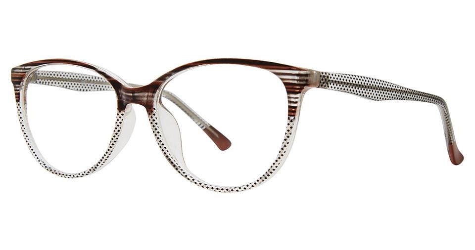 A pair of sophisticated eyewear featuring round lenses and a distinctive frame design. Crafted from durable plastic, the frame has a brown and white striped pattern on the upper half and a black dotted pattern on the lower half and sides. The temple tips are solid brown, adding to its refined Vivid Metro 52 aesthetic.