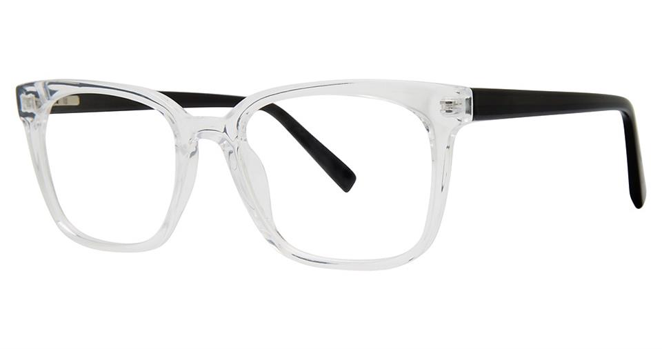 A pair of Vivid Metro 53 clear, square-framed eyeglasses with black arms. The transparent front frames, crafted from durable plastic, have a minimalist design, while the solid black arms provide a sleek and contemporary look, enhancing the crystal color combination.