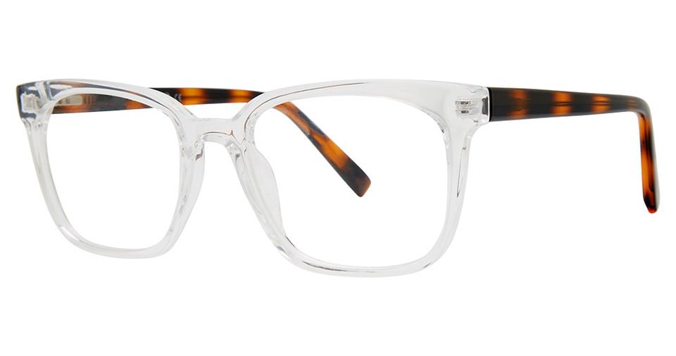 A pair of Vivid Metro 53 eyeglasses with transparent rectangular frames and tortoiseshell-patterned temples. This sleek and contemporary eyewear features a modern design, combining clear front frames with patterned side pieces for a stylish look.