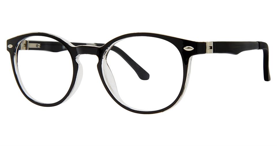 A pair of black-rimmed, round eyeglasses with clear lenses. The frames are predominantly black with silver accents at the hinges and temple tips. This stylish eyewear from Vivid combines a classic design with durable plastic construction.