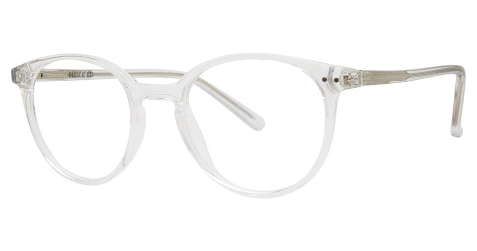 Clear, round eyeglasses with transparent frames and thin temples. The bridge is also clear, with slight metallic accents near the hinges. Part of the Vivid Metro 55 eyewear collection, this design embodies timeless elegance and modern simplicity, perfect for a minimalist style. Large lenses provide ample coverage.